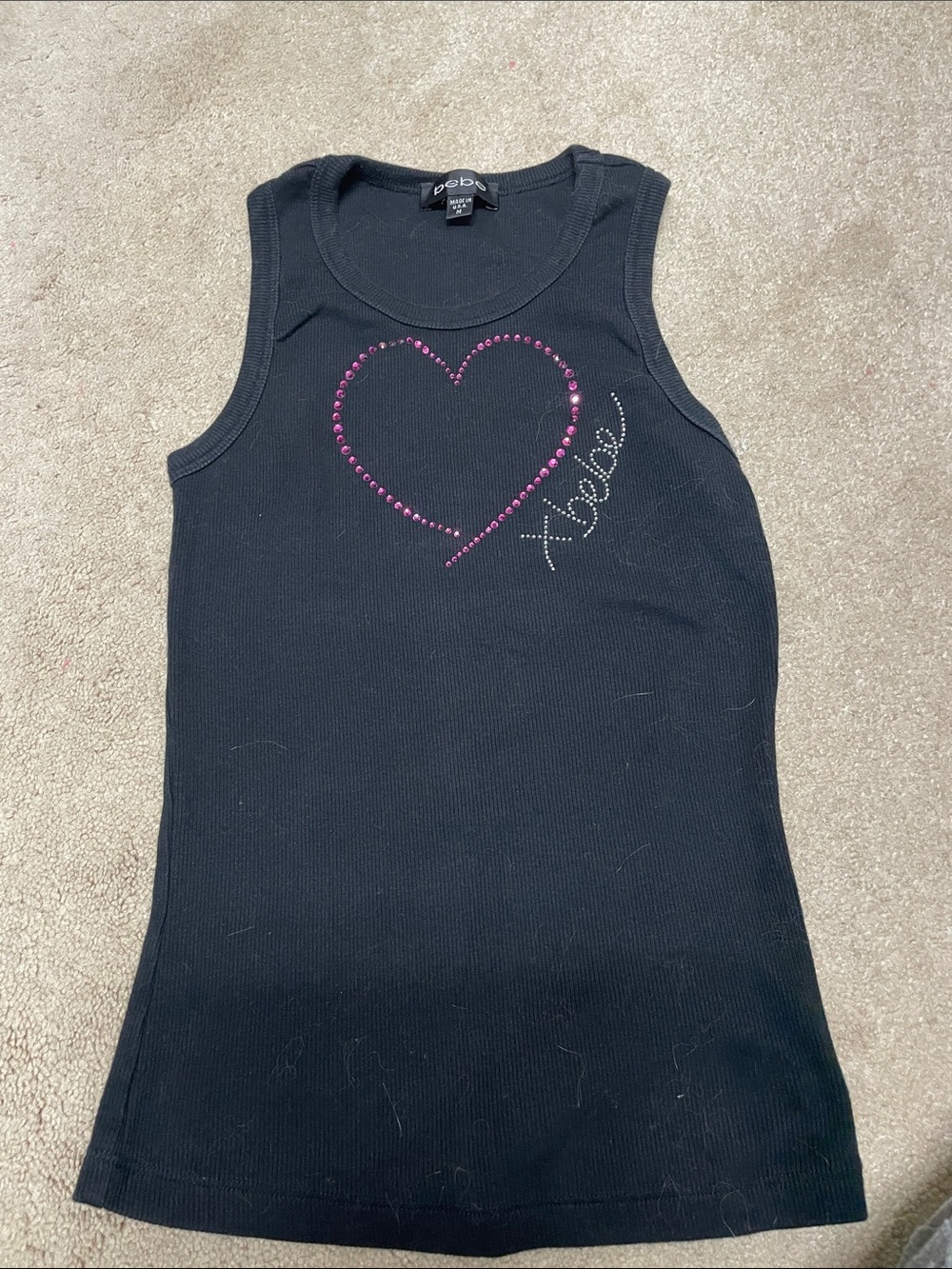 bebe Black Ribbed Tank with Pink Rhinestone Heart and Silver Script